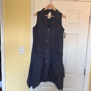 For Cynthia Navy Sleeveless Button-Front Midi Dress with Gathered Pockets